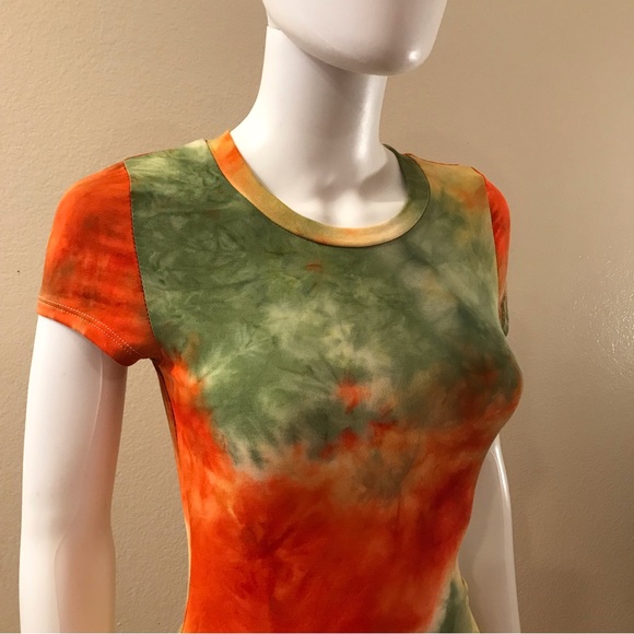 Tie Dye Bodycon Mini Dress NEW Juniors Large Orange Green Yellow Short Sleeve - Picture 3 of 12